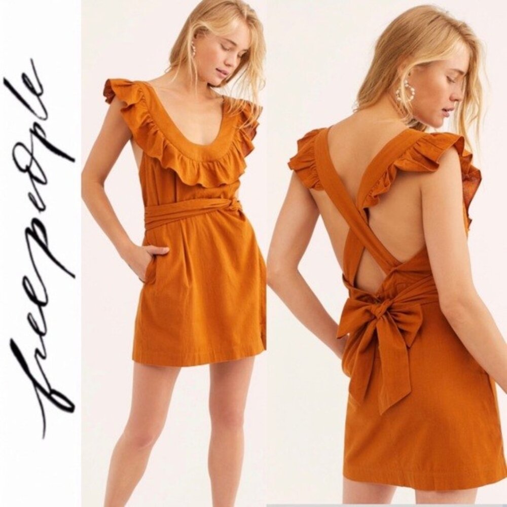 Free People Women XS Llara Mini Dress Ruffle Neck Crossback Bow Rust Brown Linen